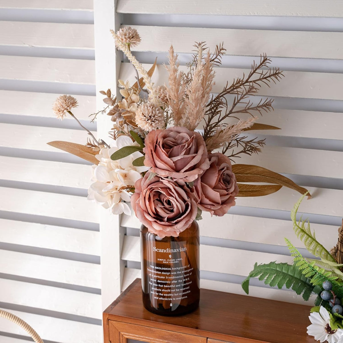 18-inch Artificial Fake Flowers Silk Flower Arrangements Faux Bouquets with Roses, Tulips, Calliopsis, Dahlias, Hydrangeas, Sages, Dandelions, Eucalyptus and Berry Bead Branch