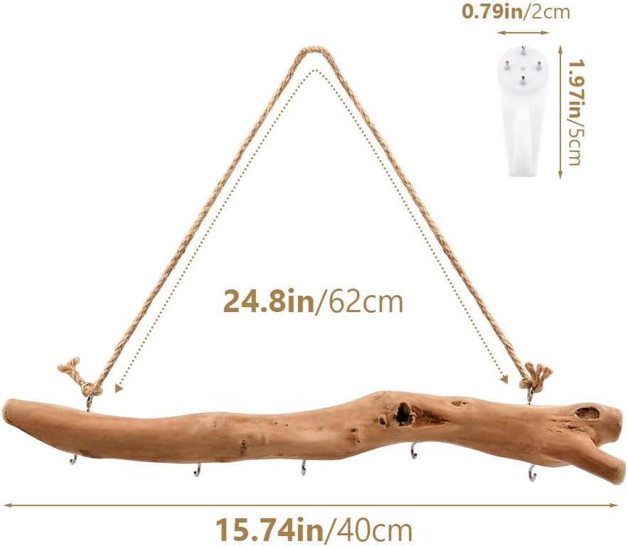 1Pc 15 Inch Natural Driftwood Decorative Branches Farmhouse Home Wall Hanging Decor Hanging Jewelry Organizers with 5 Hooks Decorative Farmhouse Home Wall Decor