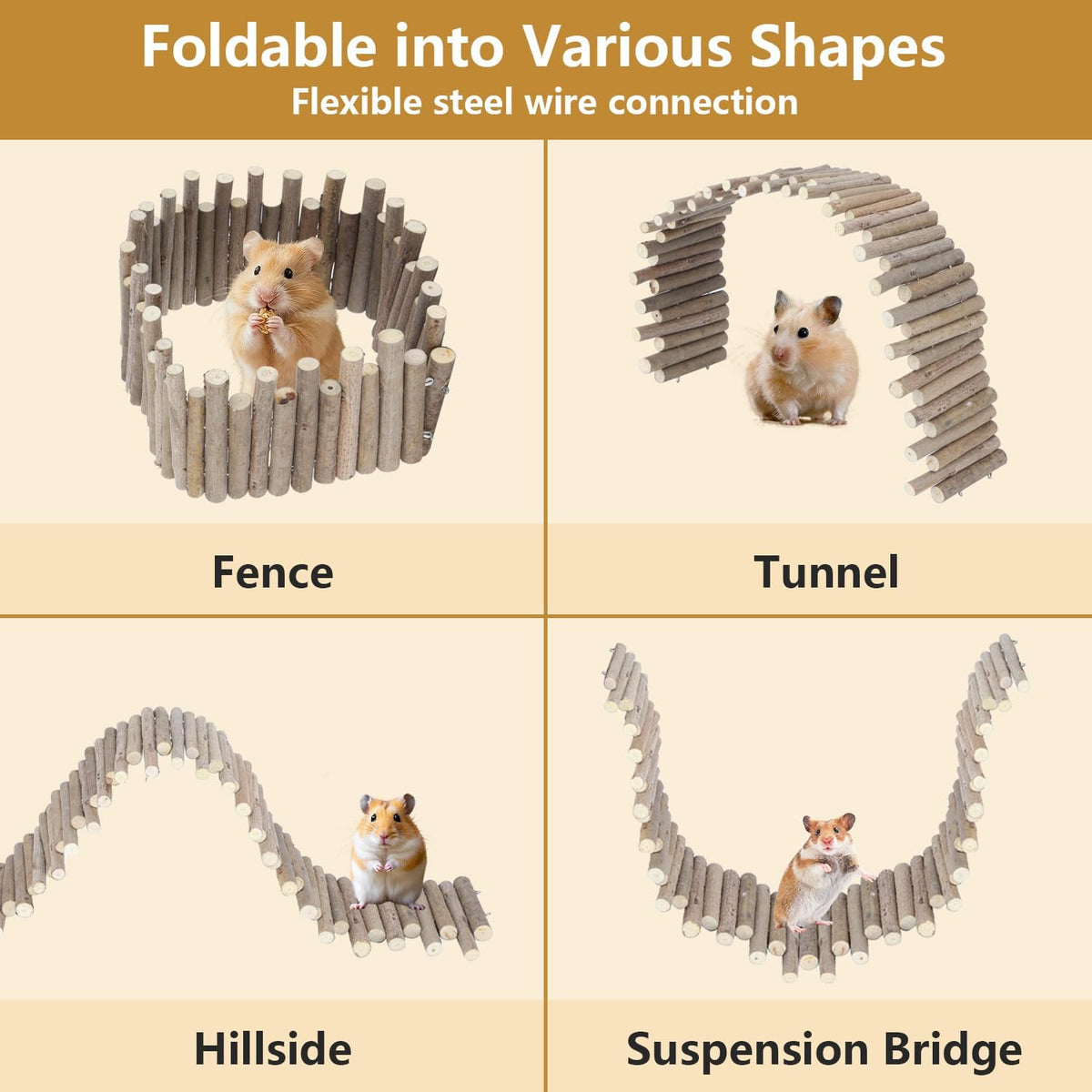 11.8in Flexible Hamster Wooden Bridge for Small Animals, Adjustable Wooden Hamster Bridge with Hooks, Hamster Wooden Fence as Decor and Fence for Hamsters and Gerbils(30CM Fence Style)