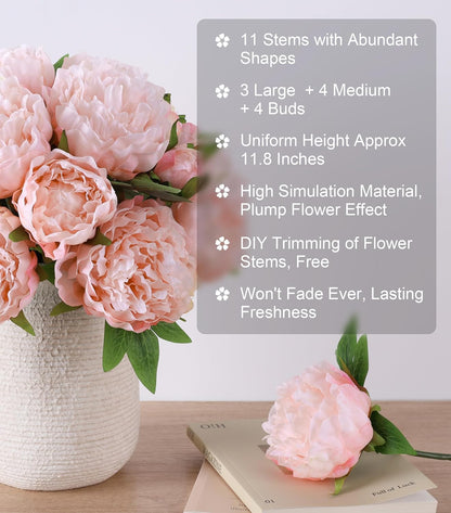 Pink Peonies Artificial Flowers, 11 Pcs Realistic Faux Flowers for Vase, Silk Flowers for Home Decor Indoor, Wedding, Party, Table Centerpiece