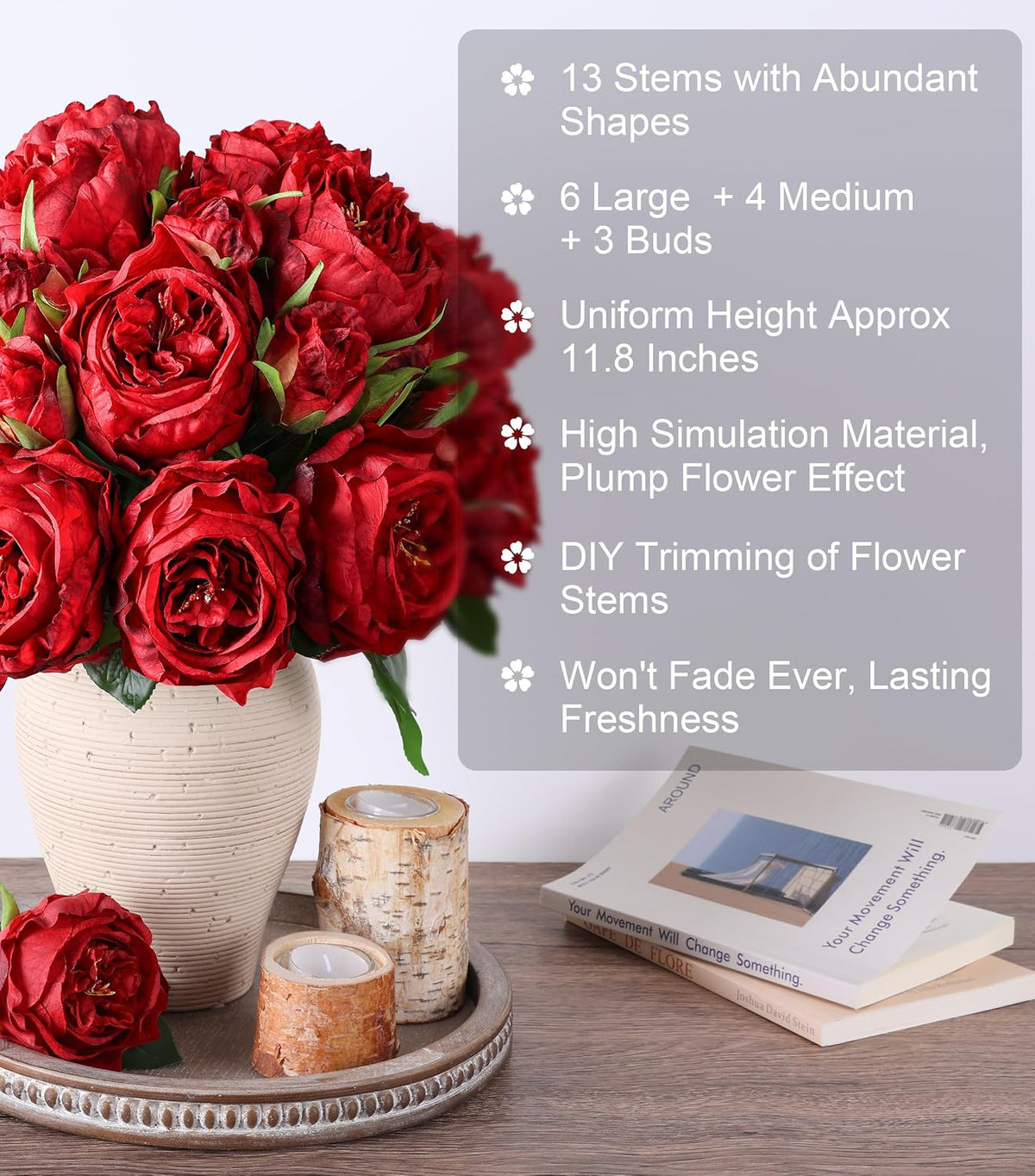 Pink Peonies Artificial Flowers, 11 Pcs Realistic Faux Flowers for Vase, Silk Flowers for Home Decor Indoor, Wedding, Party, Table Centerpiece