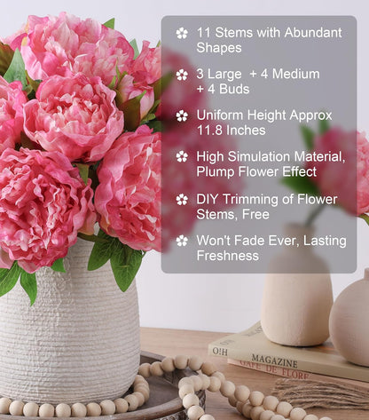 Pink Peonies Artificial Flowers, 11 Pcs Realistic Faux Flowers for Vase, Silk Flowers for Home Decor Indoor, Wedding, Party, Table Centerpiece