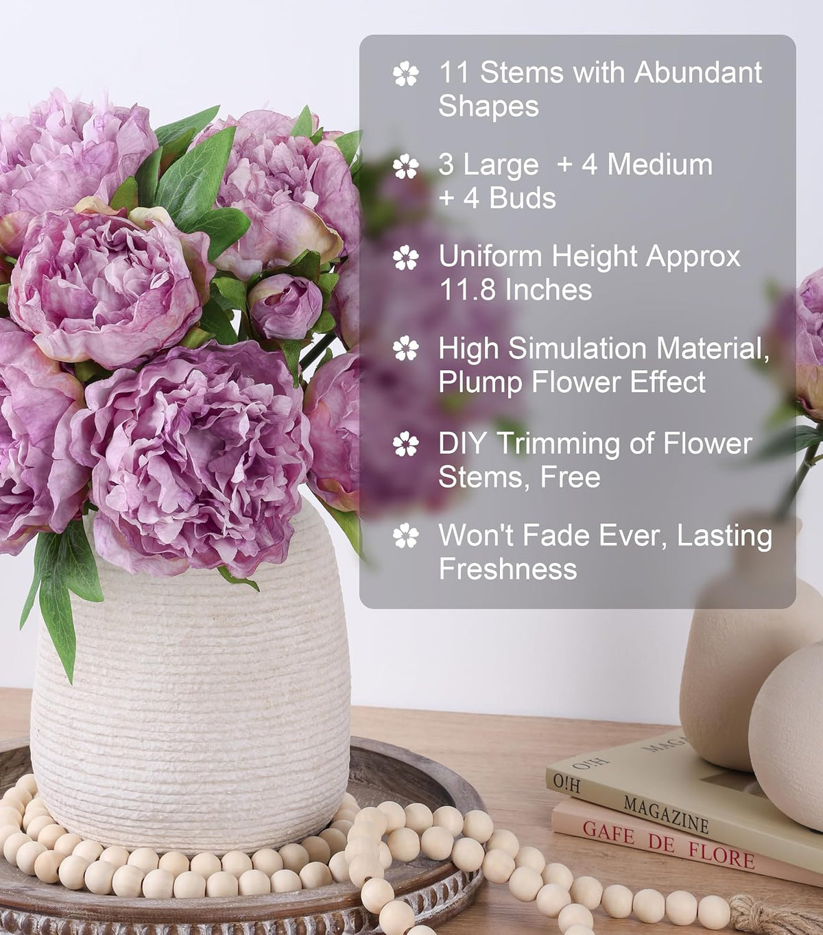 Pink Peonies Artificial Flowers, 11 Pcs Realistic Faux Flowers for Vase, Silk Flowers for Home Decor Indoor, Wedding, Party, Table Centerpiece