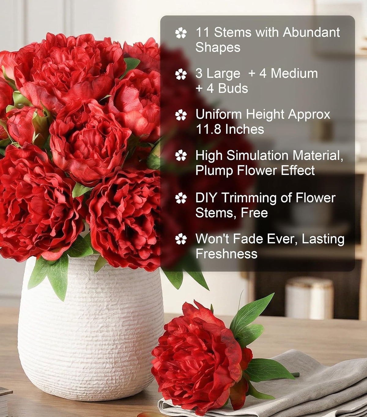 Pink Peonies Artificial Flowers, 11 Pcs Realistic Faux Flowers for Vase, Silk Flowers for Home Decor Indoor, Wedding, Party, Table Centerpiece