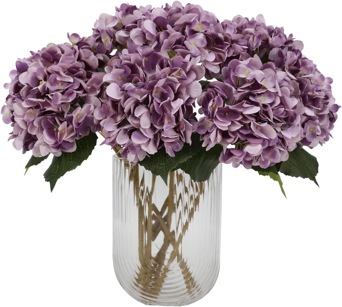 Purple Hydrangea Artificial Flowers - 5 pcs Realistic Single 18.13 in Long Stem Fake Silk Hydrangea Bouquets for Party Wedding Centerpieces Home Office Decor
