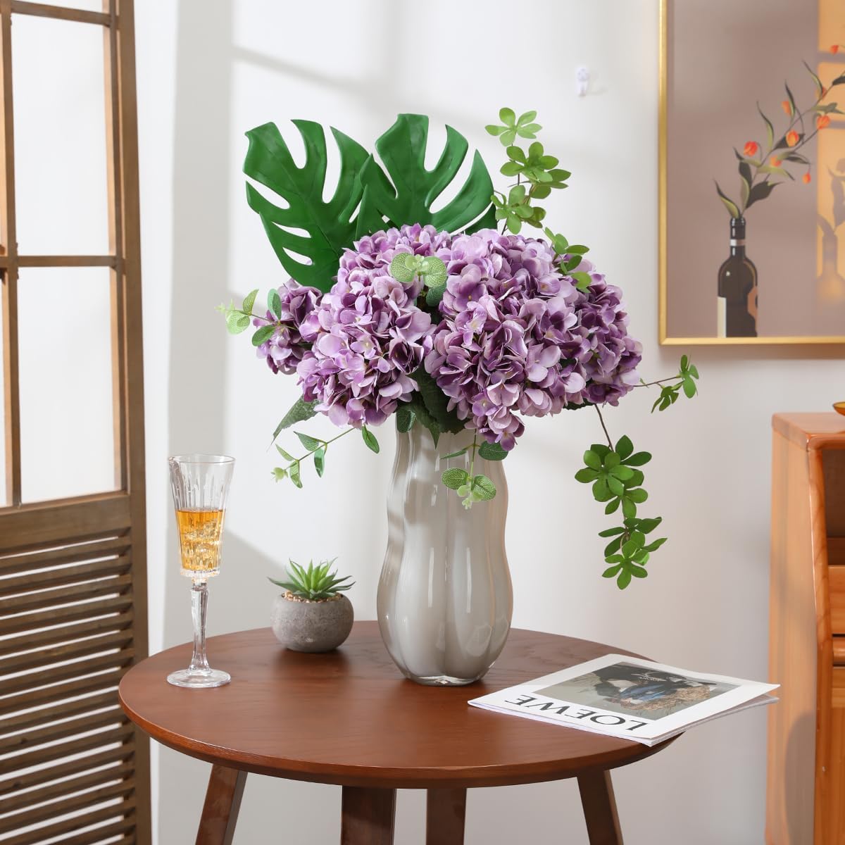 Purple Hydrangea Artificial Flowers - 5 pcs Realistic Single 18.13 in Long Stem Fake Silk Hydrangea Bouquets for Party Wedding Centerpieces Home Office Decor