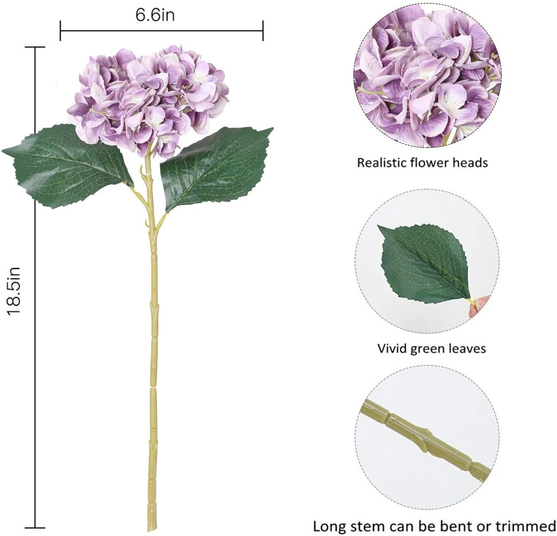 Purple Hydrangea Artificial Flowers - 5 pcs Realistic Single 18.13 in Long Stem Fake Silk Hydrangea Bouquets for Party Wedding Centerpieces Home Office Decor