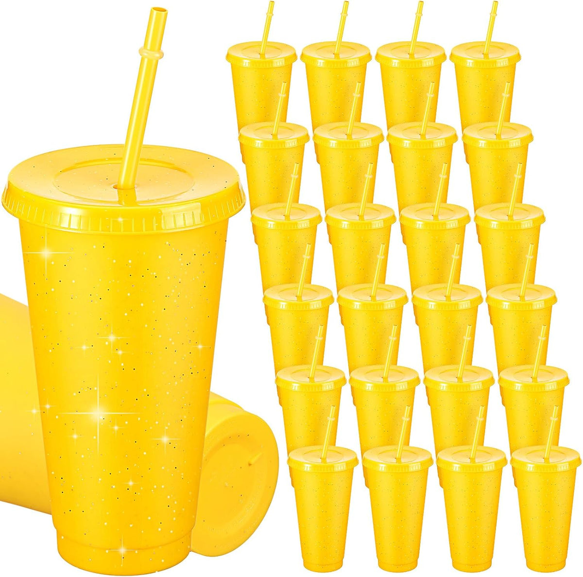 24 Pack Plastic Tumblers with Lid and Straw Reusable Cups Bulk Water Bottles Iced Coffee Travel Mug Cup for Birthdays Party Juices Adults Kids (Yellow,24 oz)