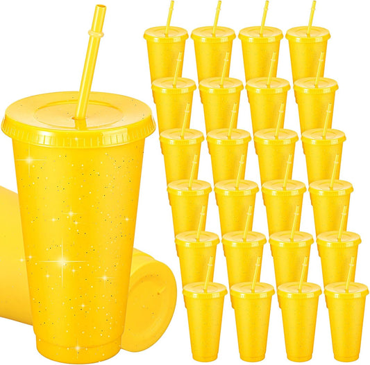 24 Pack Plastic Tumblers with Lid and Straw Reusable Cups Bulk Water Bottles Iced Coffee Travel Mug Cup for Birthdays Party Juices Adults Kids (Yellow,24 oz)
