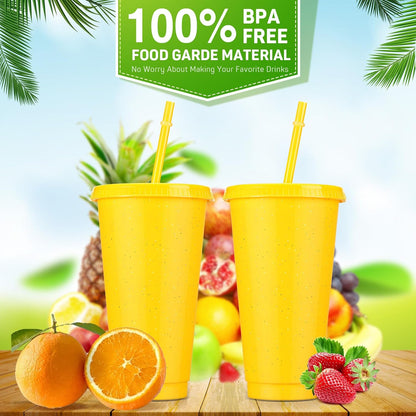 24 Pack Plastic Tumblers with Lid and Straw Reusable Cups Bulk Water Bottles Iced Coffee Travel Mug Cup for Birthdays Party Juices Adults Kids (Yellow,24 oz)