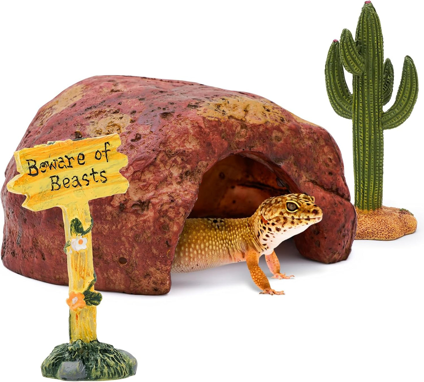 3-in-1 Desert Theme Reptile Rock Cave Hide for Leopard Gecko & Snake - Naturalistic Tank Habitat Decor Set with Cactus Model, Interactive Warning Sign & Moist Hideout (Small Size)