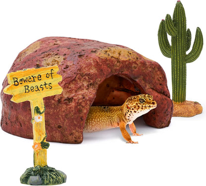 3-in-1 Desert Theme Reptile Rock Cave Hide for Leopard Gecko & Snake - Naturalistic Tank Habitat Decor Set with Cactus Model, Interactive Warning Sign & Moist Hideout (Small Size)