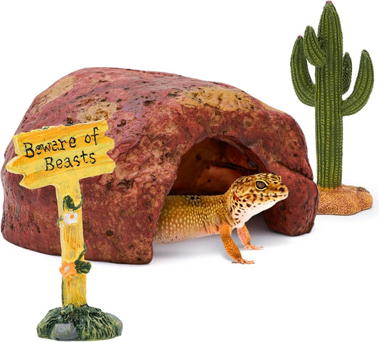 3-in-1 Desert Theme Reptile Rock Cave Hide for Leopard Gecko & Snake - Naturalistic Tank Habitat Decor Set with Cactus Model, Interactive Warning Sign & Moist Hideout (Small Size)