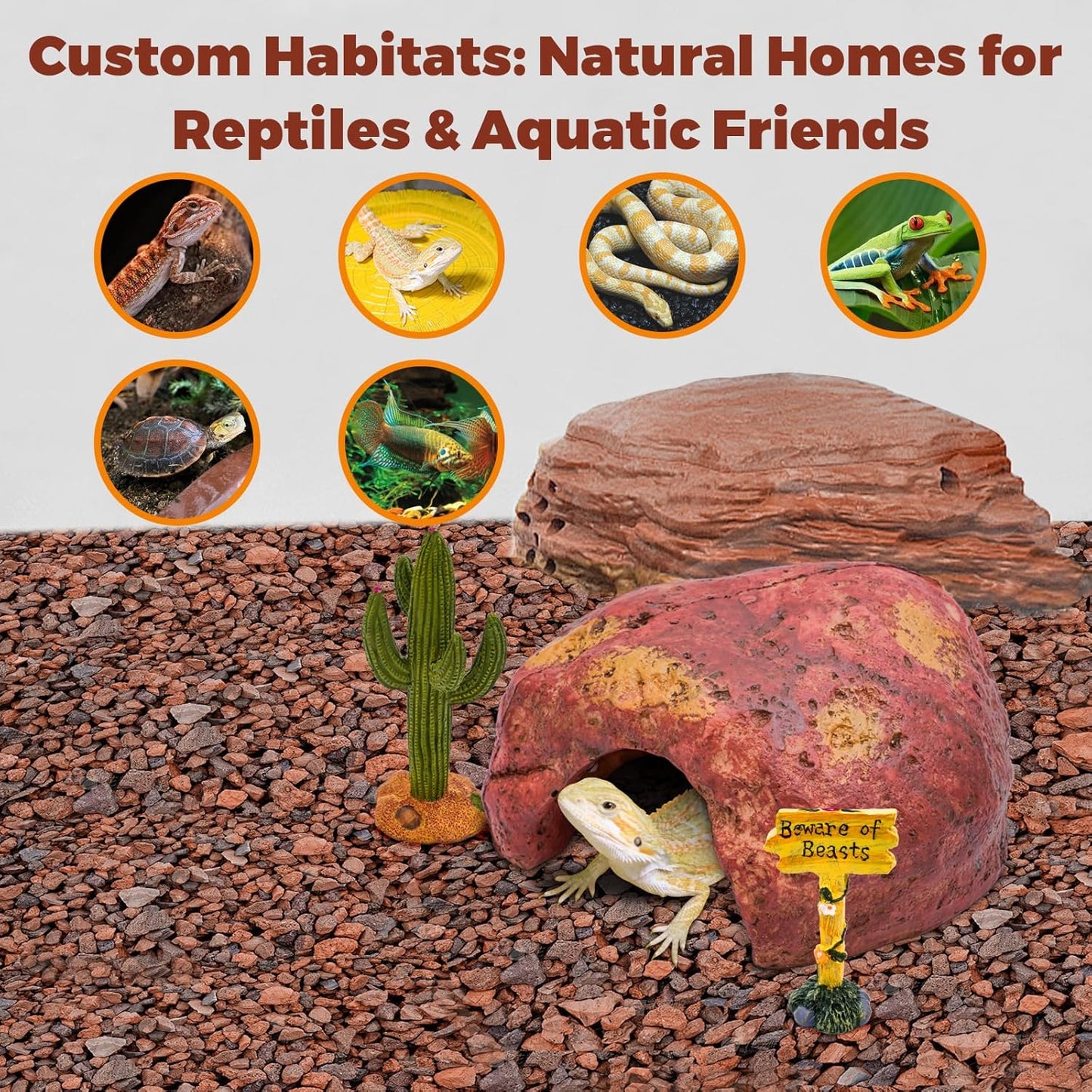 3-in-1 Desert Theme Reptile Rock Cave Hide for Leopard Gecko & Snake - Naturalistic Tank Habitat Decor Set with Cactus Model, Interactive Warning Sign & Moist Hideout (Small Size)