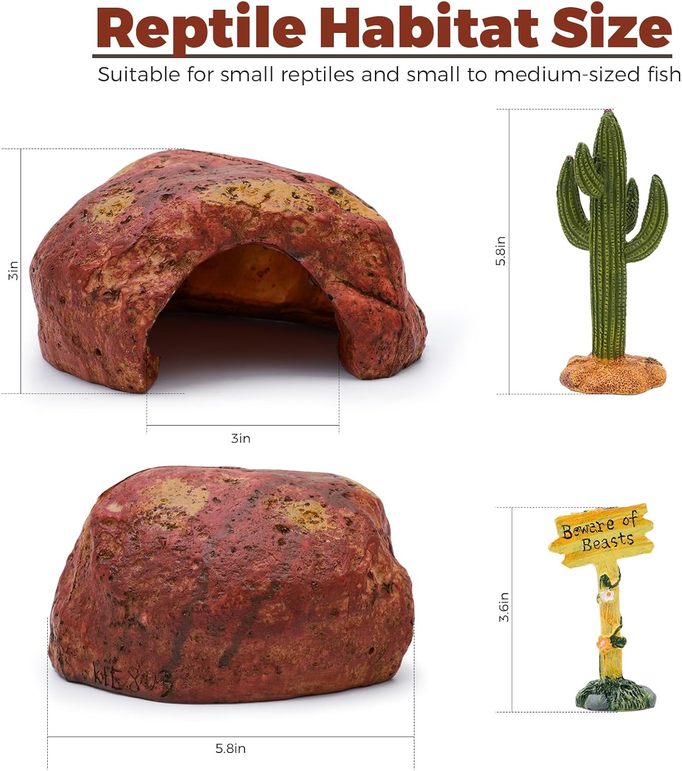 3-in-1 Desert Theme Reptile Rock Cave Hide for Leopard Gecko & Snake - Naturalistic Tank Habitat Decor Set with Cactus Model, Interactive Warning Sign & Moist Hideout (Small Size)