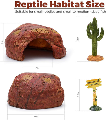 3-in-1 Desert Theme Reptile Rock Cave Hide for Leopard Gecko & Snake - Naturalistic Tank Habitat Decor Set with Cactus Model, Interactive Warning Sign & Moist Hideout (Small Size)