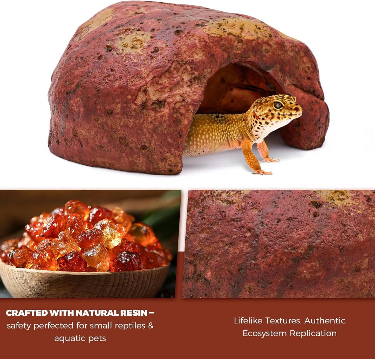 3-in-1 Desert Theme Reptile Rock Cave Hide for Leopard Gecko & Snake - Naturalistic Tank Habitat Decor Set with Cactus Model, Interactive Warning Sign & Moist Hideout (Small Size)