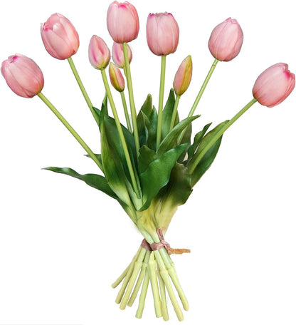 10 Pcs Fake Tulips Tulips Artificial Flowers Real Touch Fake Flowers Artificial Flower Bouquet for Home Table Party Wedding Decoration (Light Pink)