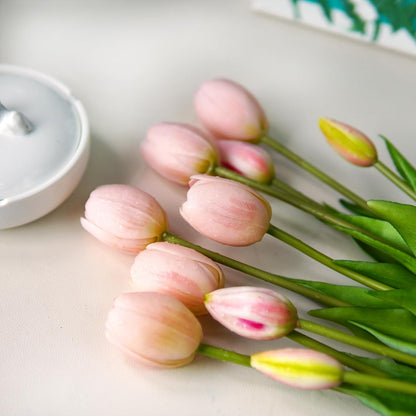 10 Pcs Fake Tulips Tulips Artificial Flowers Real Touch Fake Flowers Artificial Flower Bouquet for Home Table Party Wedding Decoration (Light Pink)
