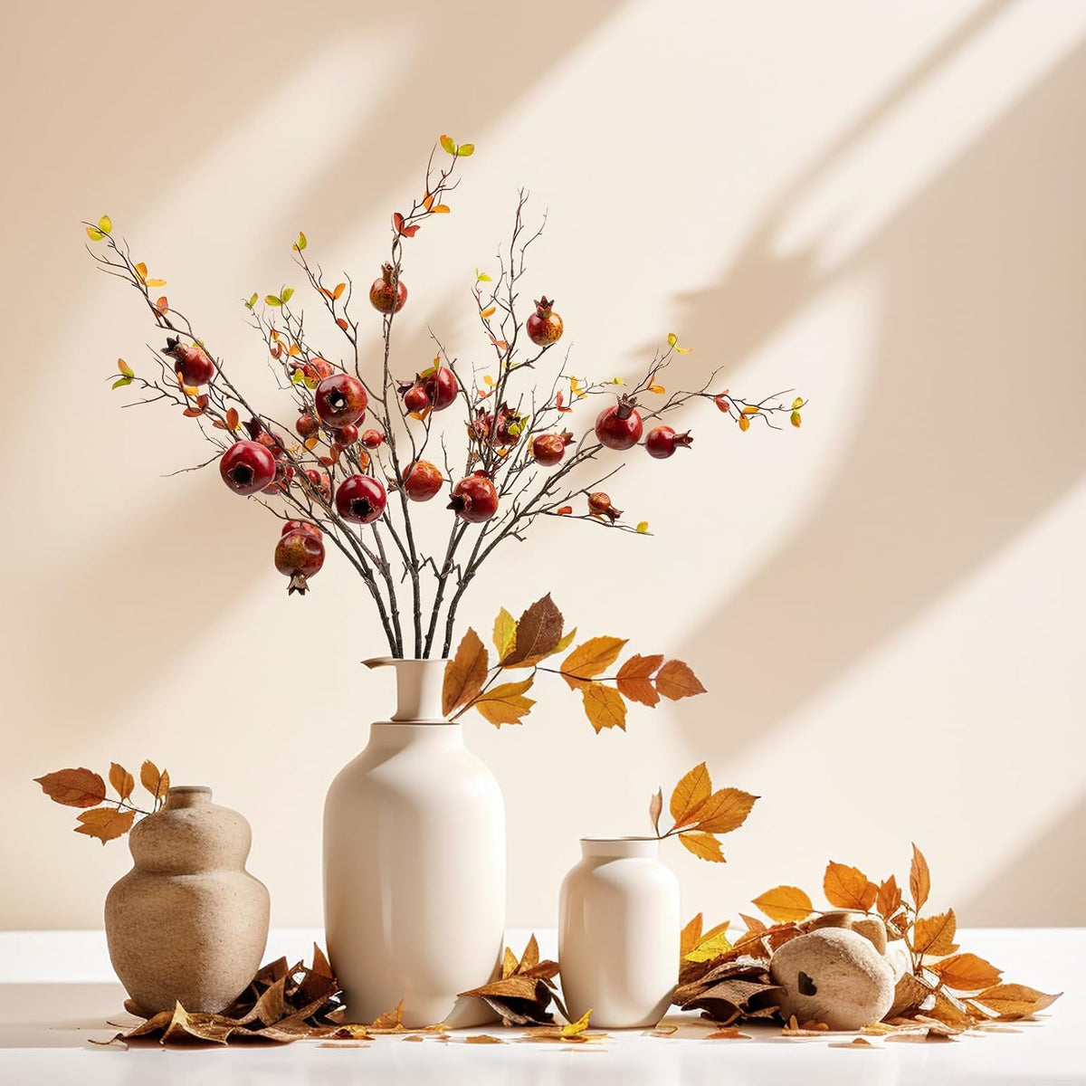 Red Berry Stems Pomegranate Faux Flowers with Fake Fall Leaves Artificial Fruits Decor Tall Branches for Vase Room Christmas Home Wedding Thanksgiving Centerpieces Arrangements Party Decoration