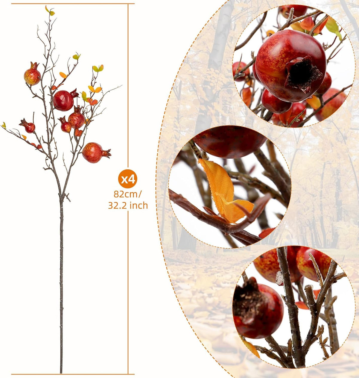Red Berry Stems Pomegranate Faux Flowers with Fake Fall Leaves Artificial Fruits Decor Tall Branches for Vase Room Christmas Home Wedding Thanksgiving Centerpieces Arrangements Party Decoration