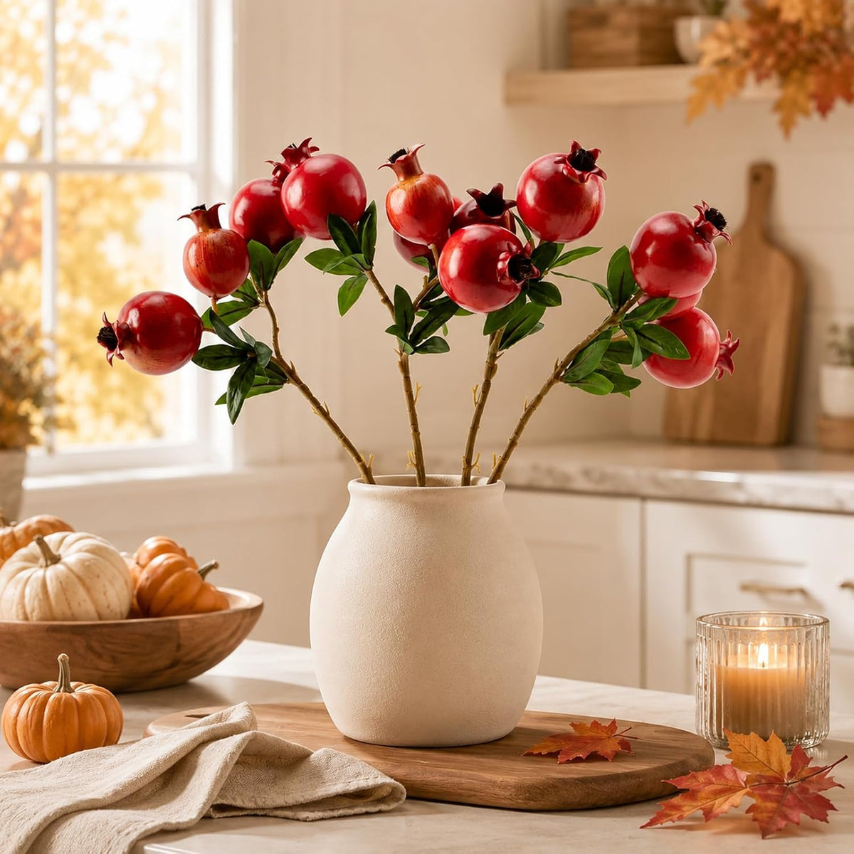 Red Berry Stems Pomegranate Faux Flowers with Fake Fall Leaves Artificial Fruits Decor Tall Branches for Vase Room Christmas Home Wedding Thanksgiving Centerpieces Arrangements Party Decoration