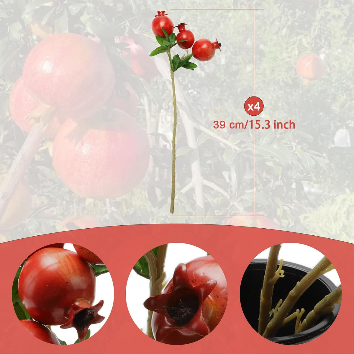 Red Berry Stems Pomegranate Faux Flowers with Fake Fall Leaves Artificial Fruits Decor Tall Branches for Vase Room Christmas Home Wedding Thanksgiving Centerpieces Arrangements Party Decoration