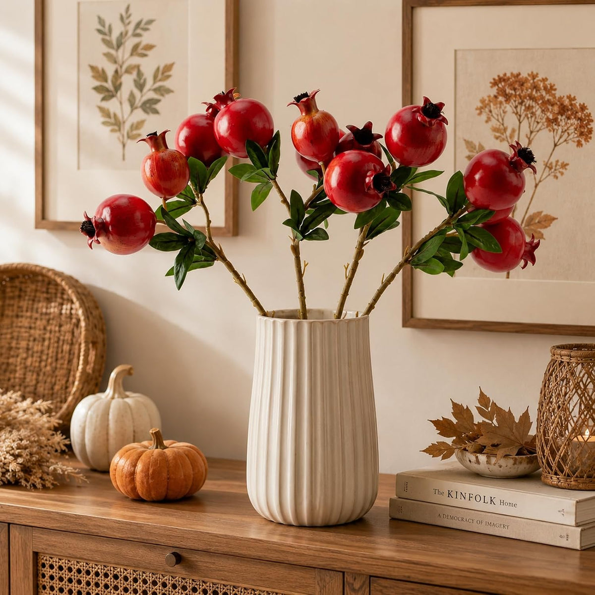Red Berry Stems Pomegranate Faux Flowers with Fake Fall Leaves Artificial Fruits Decor Tall Branches for Vase Room Christmas Home Wedding Thanksgiving Centerpieces Arrangements Party Decoration