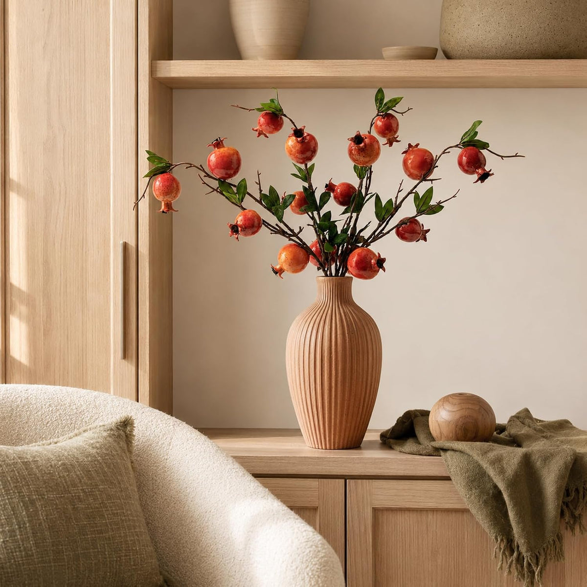Red Berry Stems Pomegranate Faux Flowers with Fake Fall Leaves Artificial Fruits Decor Tall Branches for Vase Room Christmas Home Wedding Thanksgiving Centerpieces Arrangements Party Decoration