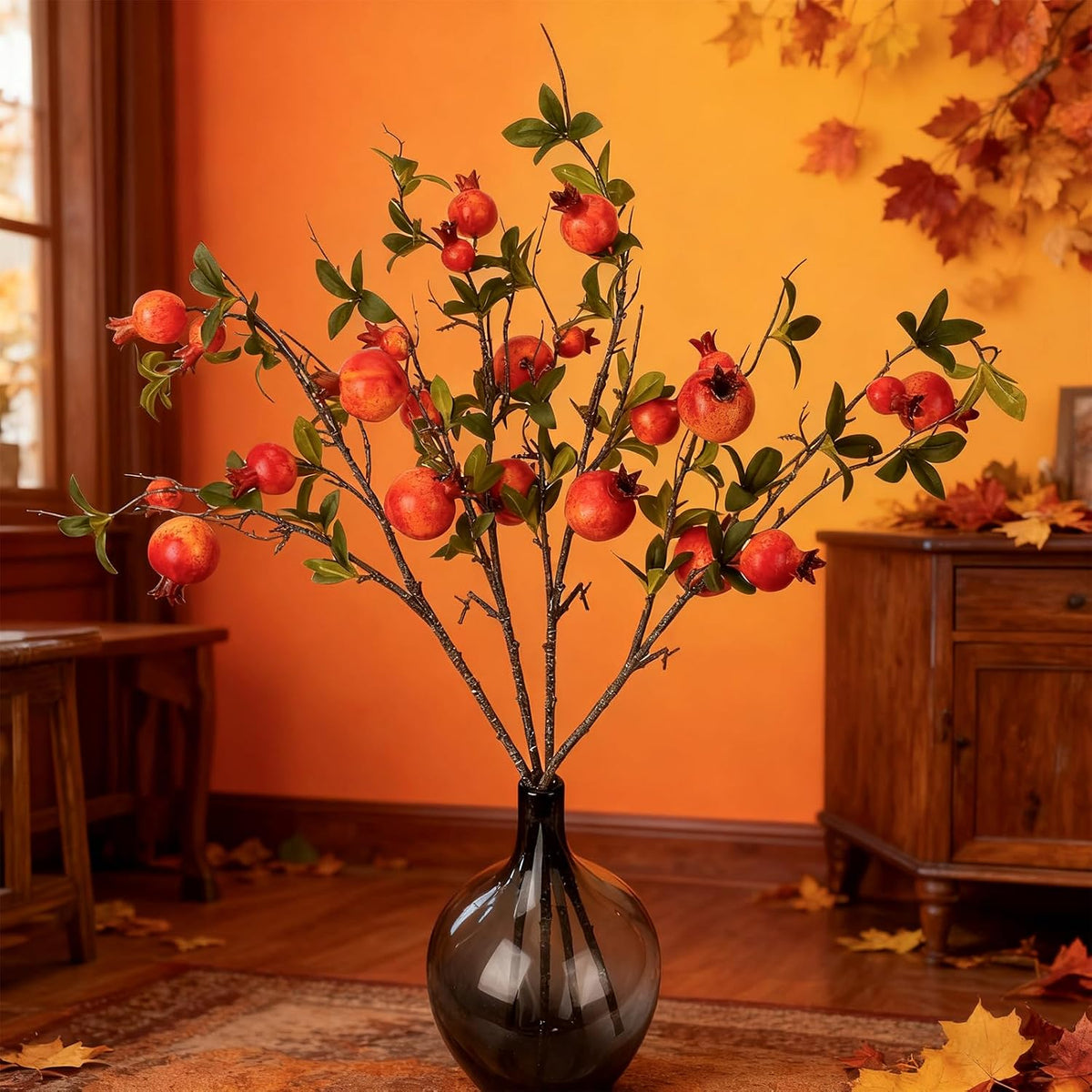 Red Berry Stems Pomegranate Faux Flowers with Fake Fall Leaves Artificial Fruits Decor Tall Branches for Vase Room Christmas Home Wedding Thanksgiving Centerpieces Arrangements Party Decoration