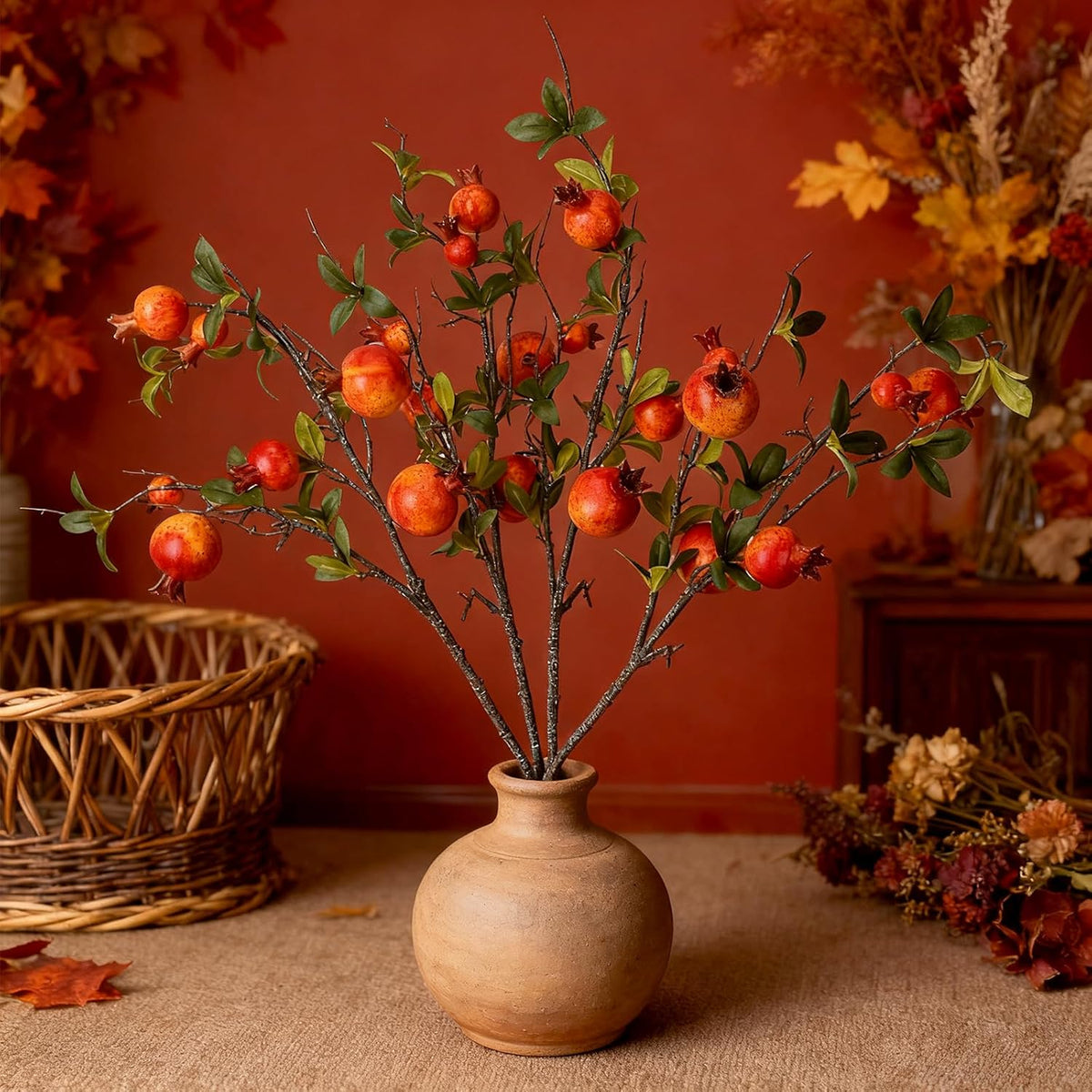 Red Berry Stems Pomegranate Faux Flowers with Fake Fall Leaves Artificial Fruits Decor Tall Branches for Vase Room Christmas Home Wedding Thanksgiving Centerpieces Arrangements Party Decoration