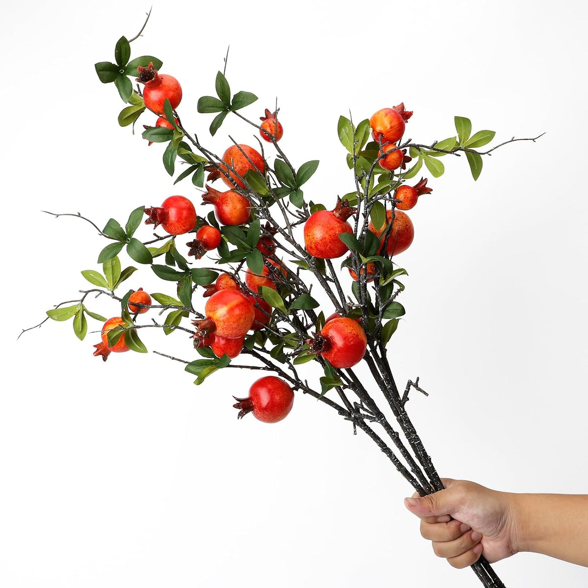 Red Berry Stems Pomegranate Faux Flowers with Fake Fall Leaves Artificial Fruits Decor Tall Branches for Vase Room Christmas Home Wedding Thanksgiving Centerpieces Arrangements Party Decoration