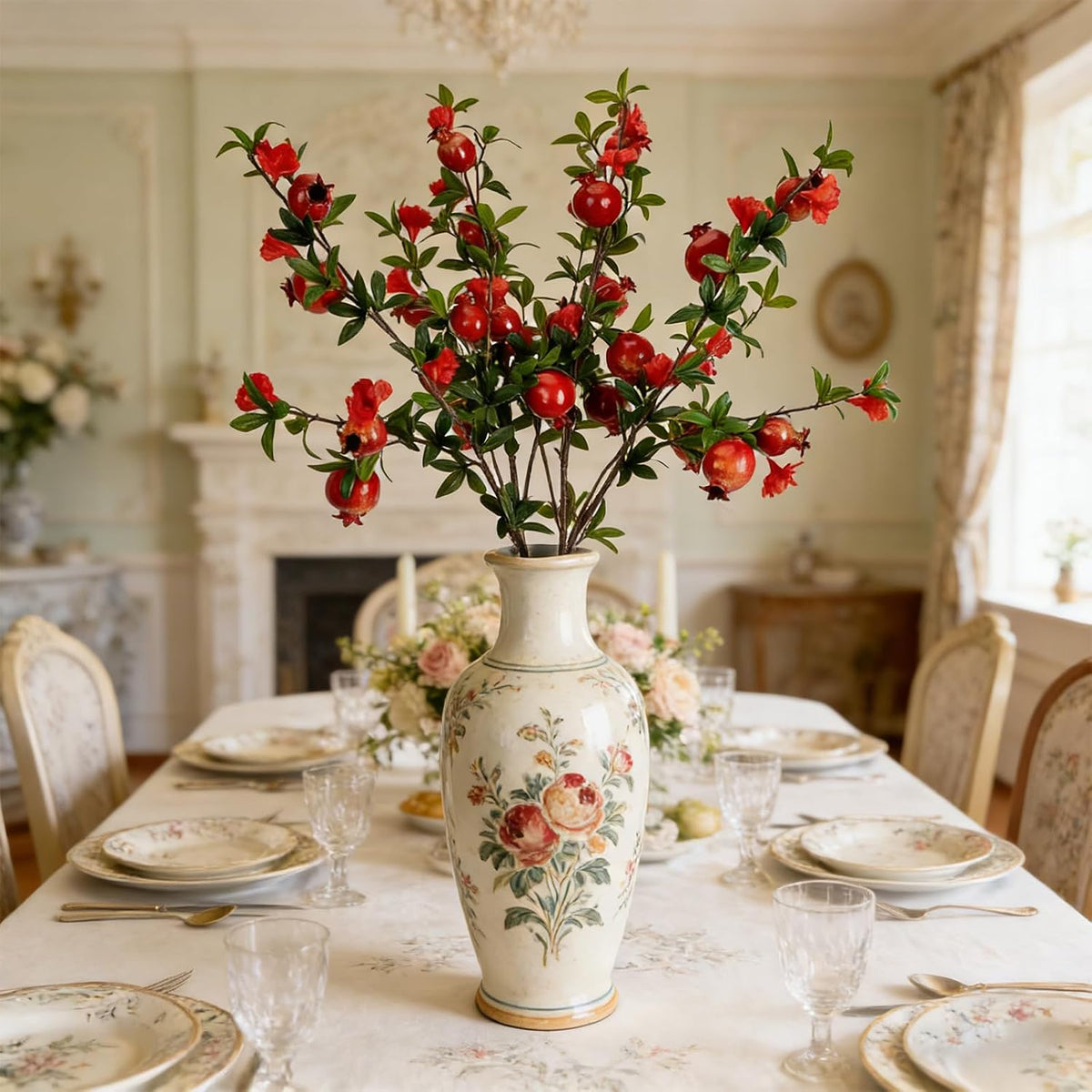 Red Berry Stems Pomegranate Faux Flowers with Fake Fall Leaves Artificial Fruits Decor Tall Branches for Vase Room Christmas Home Wedding Thanksgiving Centerpieces Arrangements Party Decoration