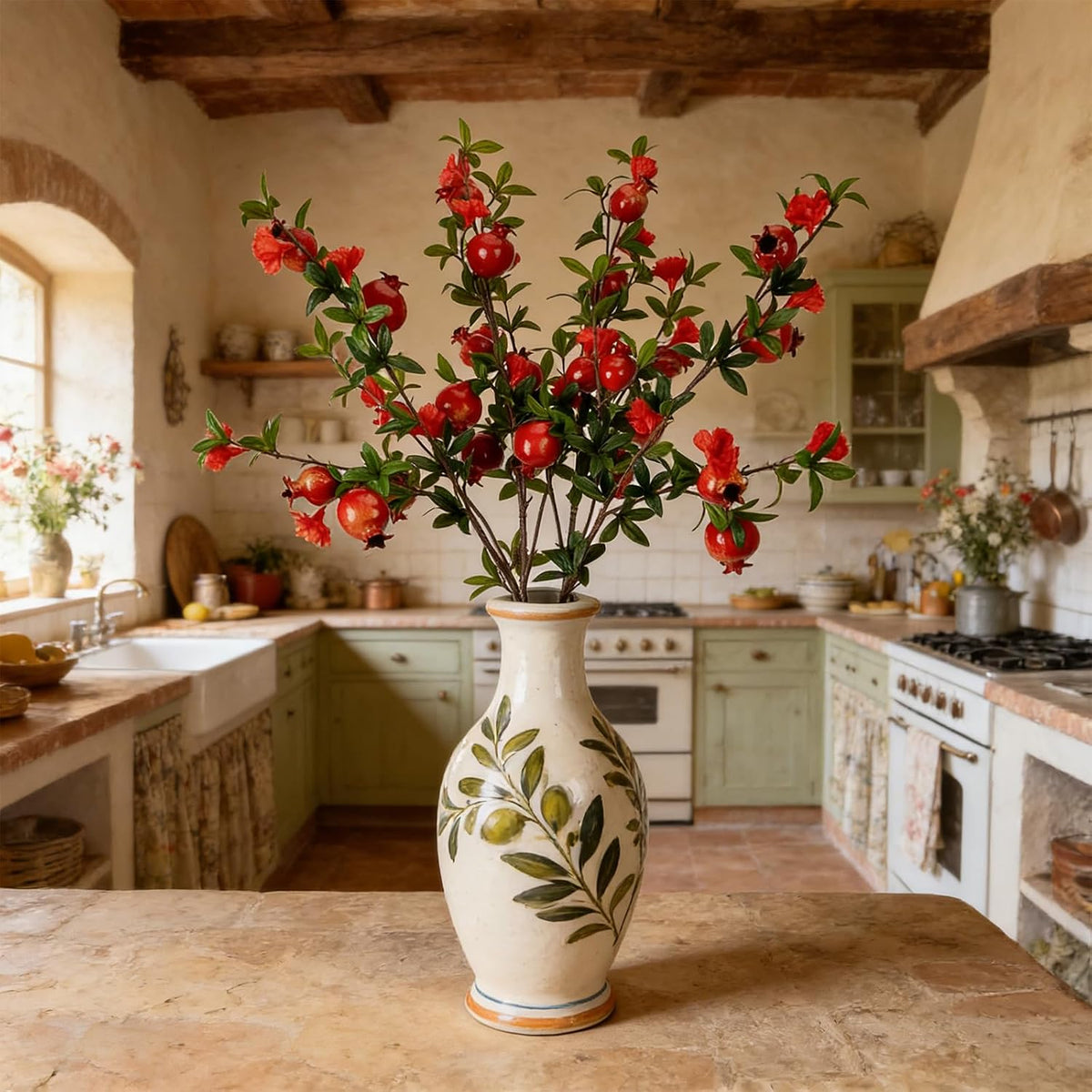 Red Berry Stems Pomegranate Faux Flowers with Fake Fall Leaves Artificial Fruits Decor Tall Branches for Vase Room Christmas Home Wedding Thanksgiving Centerpieces Arrangements Party Decoration