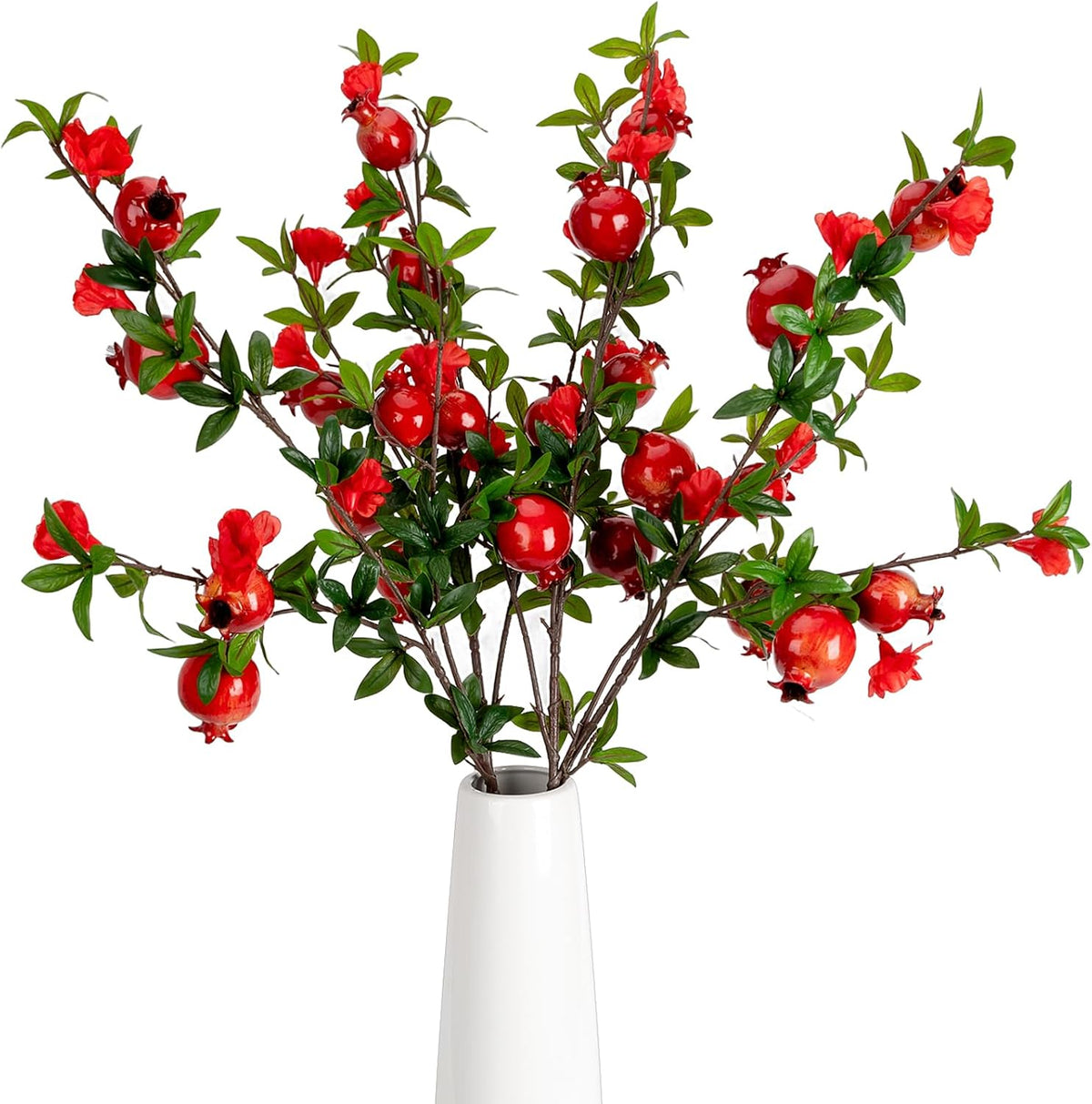 Red Berry Stems Pomegranate Faux Flowers with Fake Fall Leaves Artificial Fruits Decor Tall Branches for Vase Room Christmas Home Wedding Thanksgiving Centerpieces Arrangements Party Decoration
