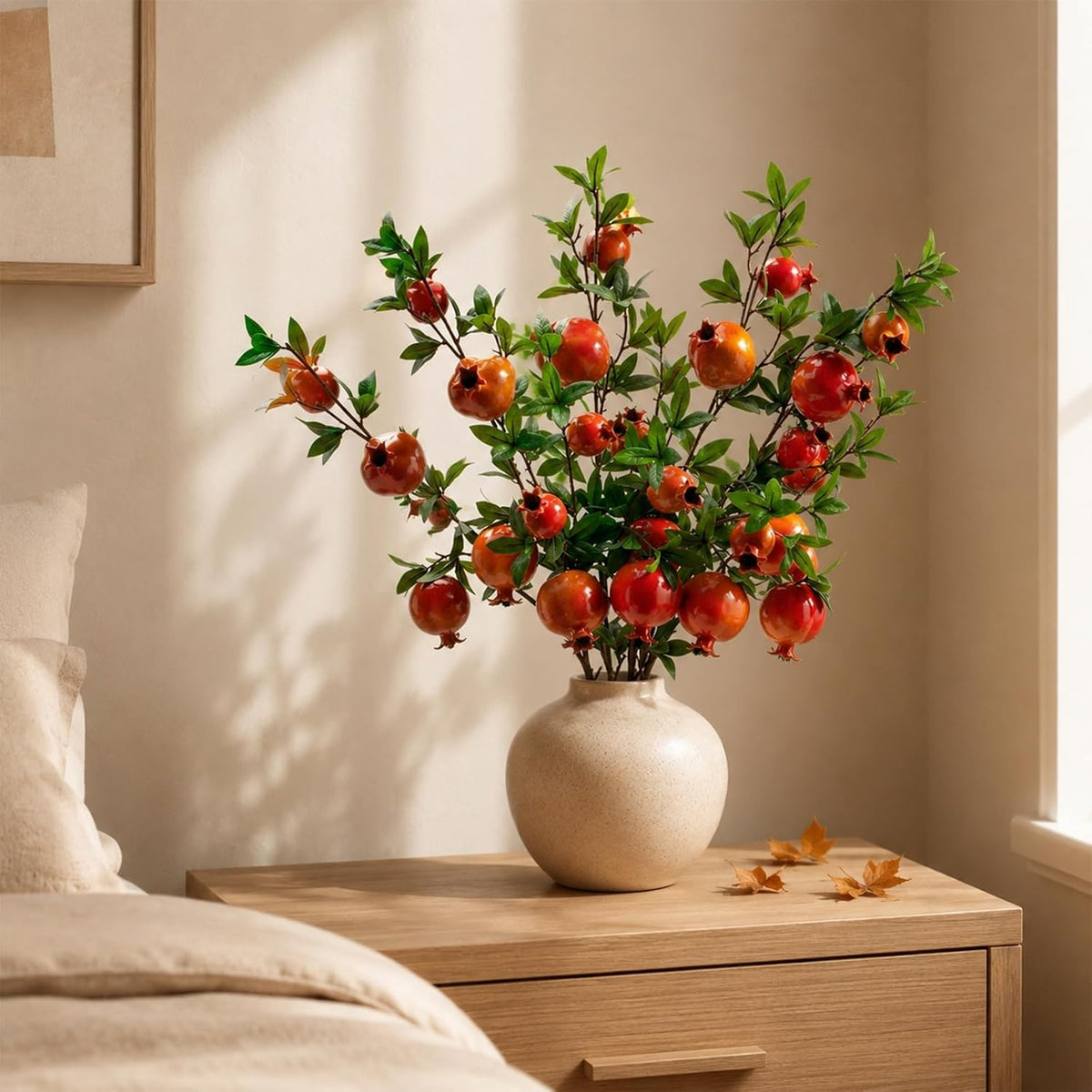 Red Berry Stems Pomegranate Faux Flowers with Fake Fall Leaves Artificial Fruits Decor Tall Branches for Vase Room Christmas Home Wedding Thanksgiving Centerpieces Arrangements Party Decoration