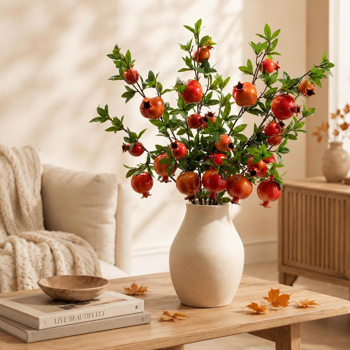 Red Berry Stems Pomegranate Faux Flowers with Fake Fall Leaves Artificial Fruits Decor Tall Branches for Vase Room Christmas Home Wedding Thanksgiving Centerpieces Arrangements Party Decoration
