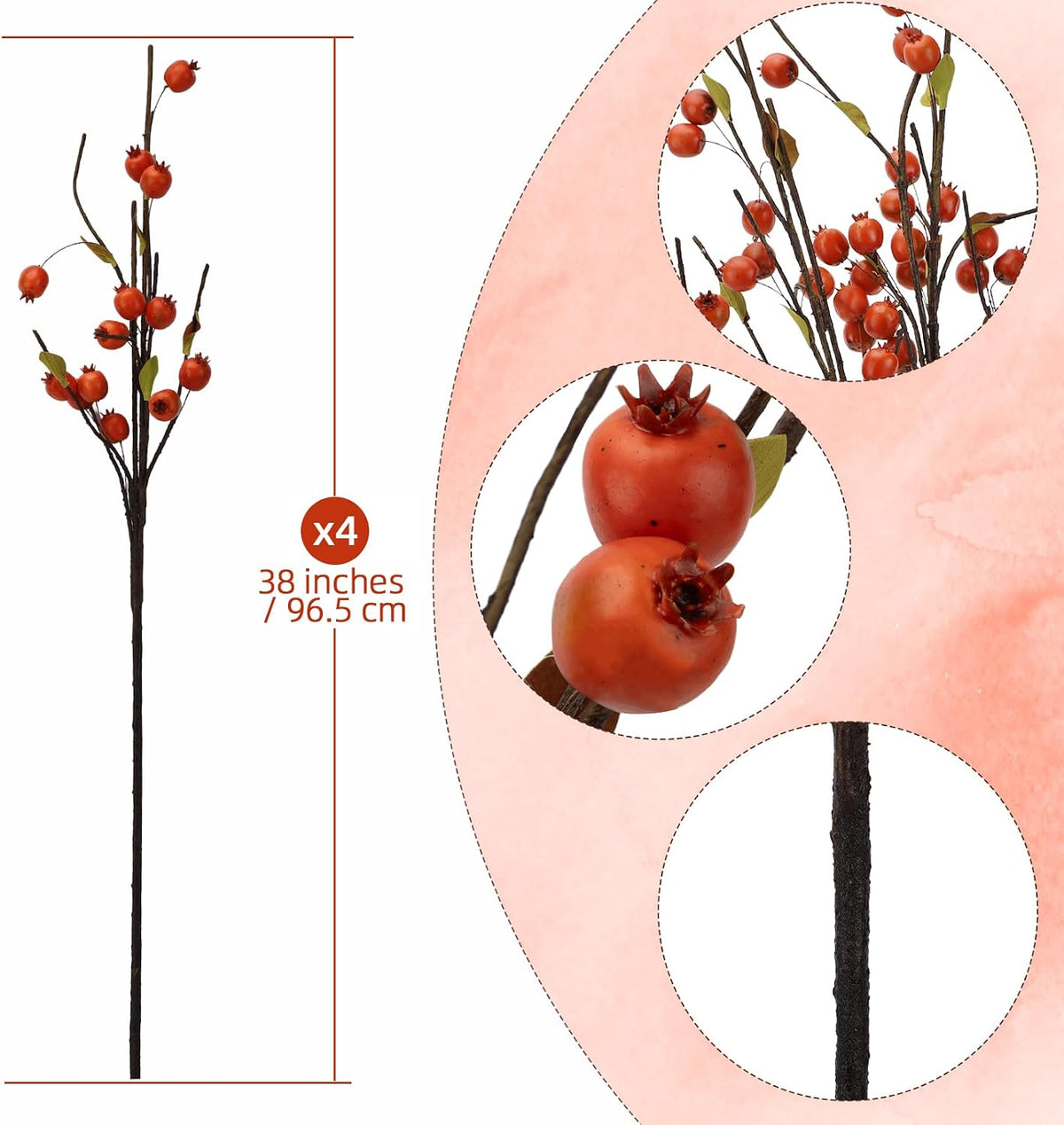 Red Berry Stems Pomegranate Faux Flowers with Fake Fall Leaves Artificial Fruits Decor Tall Branches for Vase Room Christmas Home Wedding Thanksgiving Centerpieces Arrangements Party Decoration
