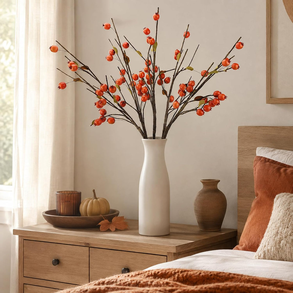 Red Berry Stems Pomegranate Faux Flowers with Fake Fall Leaves Artificial Fruits Decor Tall Branches for Vase Room Christmas Home Wedding Thanksgiving Centerpieces Arrangements Party Decoration
