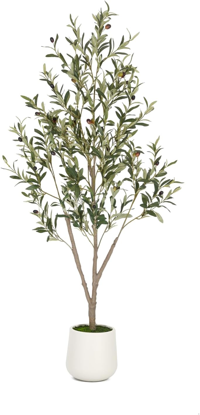VIVATREES Olive Trees Artificial Indoor, 7FT Tall Faux Olive Tree with White Tall Planter, Artificial Plants with Natural Wood Trunk and Lifelike Fruits for Home Office Decor