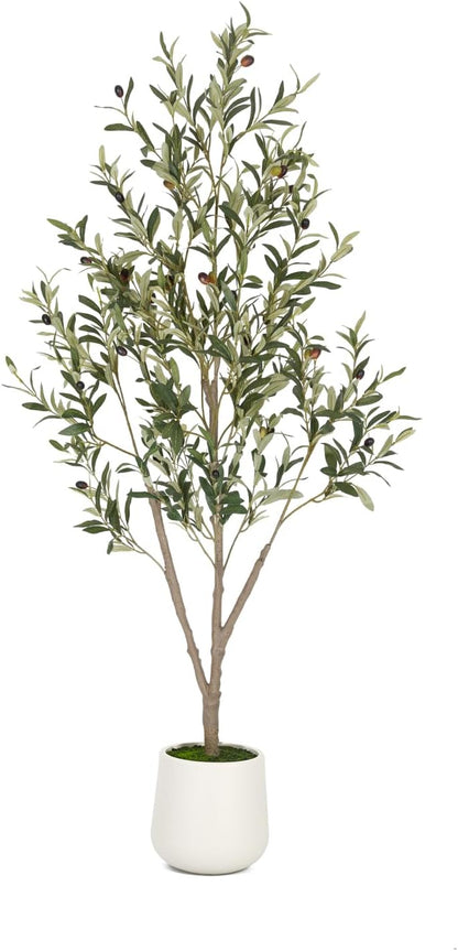 VIVATREES Olive Trees Artificial Indoor, 7FT Tall Faux Olive Tree with White Tall Planter, Artificial Plants with Natural Wood Trunk and Lifelike Fruits for Home Office Decor