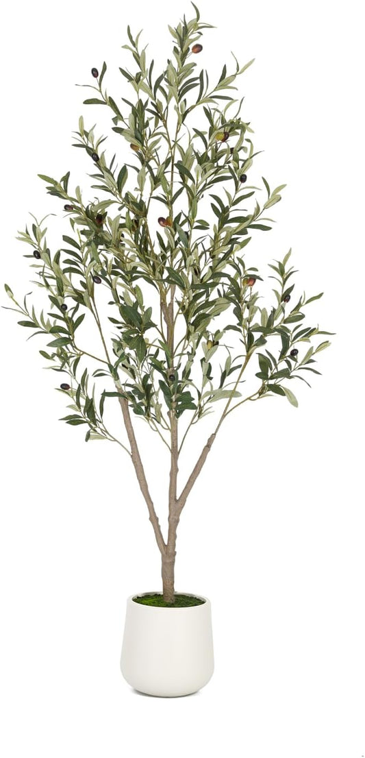 VIVATREES Olive Trees Artificial Indoor, 7FT Tall Faux Olive Tree with White Tall Planter, Artificial Plants with Natural Wood Trunk and Lifelike Fruits for Home Office Decor