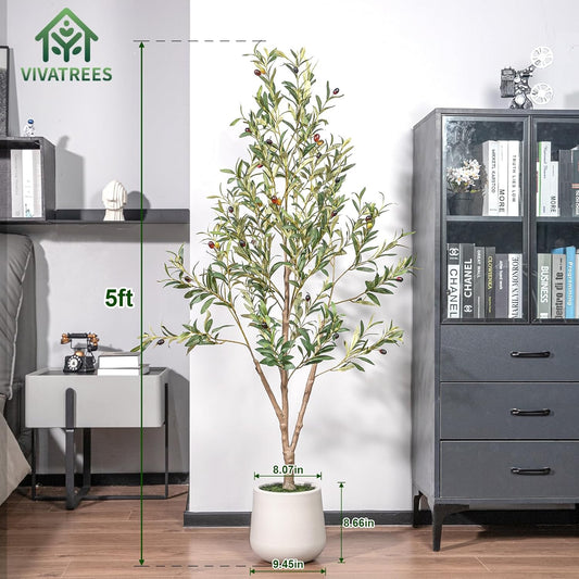 VIVATREES Olive Trees Artificial Indoor, 7FT Tall Faux Olive Tree with White Tall Planter, Artificial Plants with Natural Wood Trunk and Lifelike Fruits for Home Office Decor