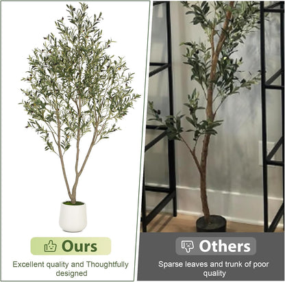 VIVATREES Olive Trees Artificial Indoor, 7FT Tall Faux Olive Tree with White Tall Planter, Artificial Plants with Natural Wood Trunk and Lifelike Fruits for Home Office Decor