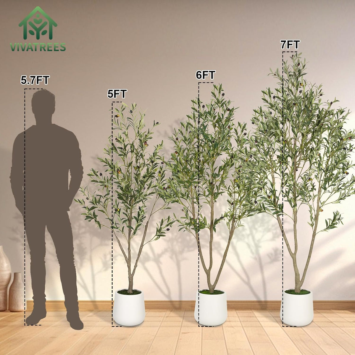 VIVATREES Olive Trees Artificial Indoor, 7FT Tall Faux Olive Tree with White Tall Planter, Artificial Plants with Natural Wood Trunk and Lifelike Fruits for Home Office Decor