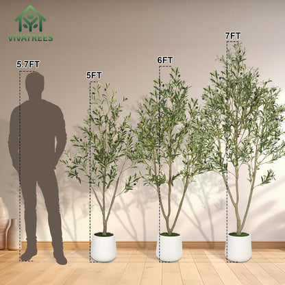 VIVATREES Olive Trees Artificial Indoor, 7FT Tall Faux Olive Tree with White Tall Planter, Artificial Plants with Natural Wood Trunk and Lifelike Fruits for Home Office Decor