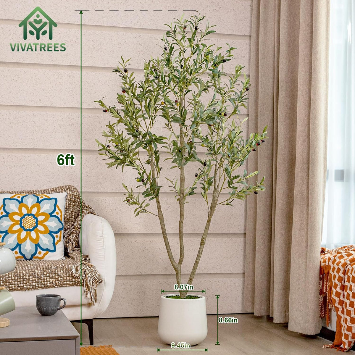 VIVATREES Olive Trees Artificial Indoor, 7FT Tall Faux Olive Tree with White Tall Planter, Artificial Plants with Natural Wood Trunk and Lifelike Fruits for Home Office Decor