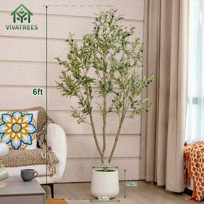VIVATREES Olive Trees Artificial Indoor, 7FT Tall Faux Olive Tree with White Tall Planter, Artificial Plants with Natural Wood Trunk and Lifelike Fruits for Home Office Decor
