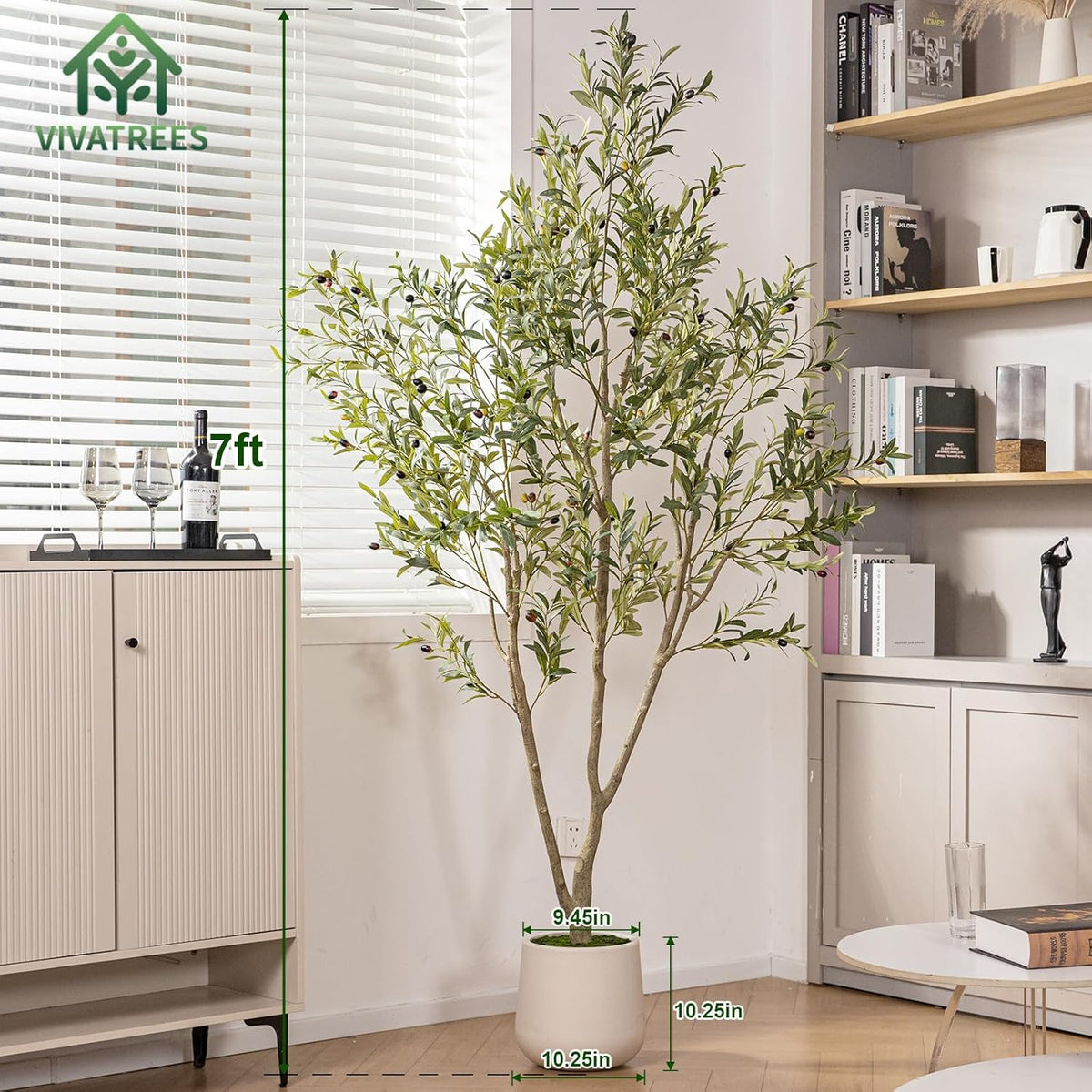 VIVATREES Olive Trees Artificial Indoor, 7FT Tall Faux Olive Tree with White Tall Planter, Artificial Plants with Natural Wood Trunk and Lifelike Fruits for Home Office Decor
