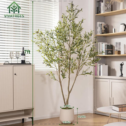 VIVATREES Olive Trees Artificial Indoor, 7FT Tall Faux Olive Tree with White Tall Planter, Artificial Plants with Natural Wood Trunk and Lifelike Fruits for Home Office Decor